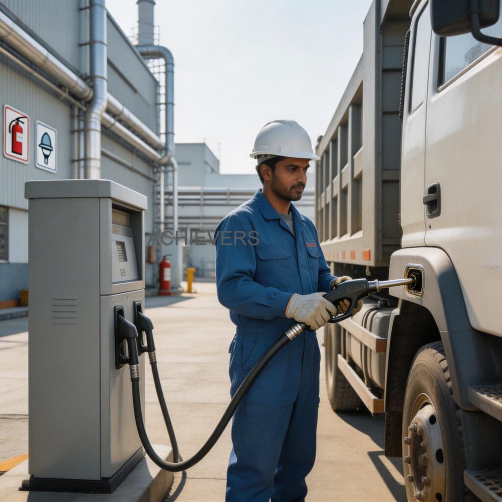 Diesel Dispenser operating productively at an Indian construction site refueling earthmoving equipment with proper housekeeping and maintenance