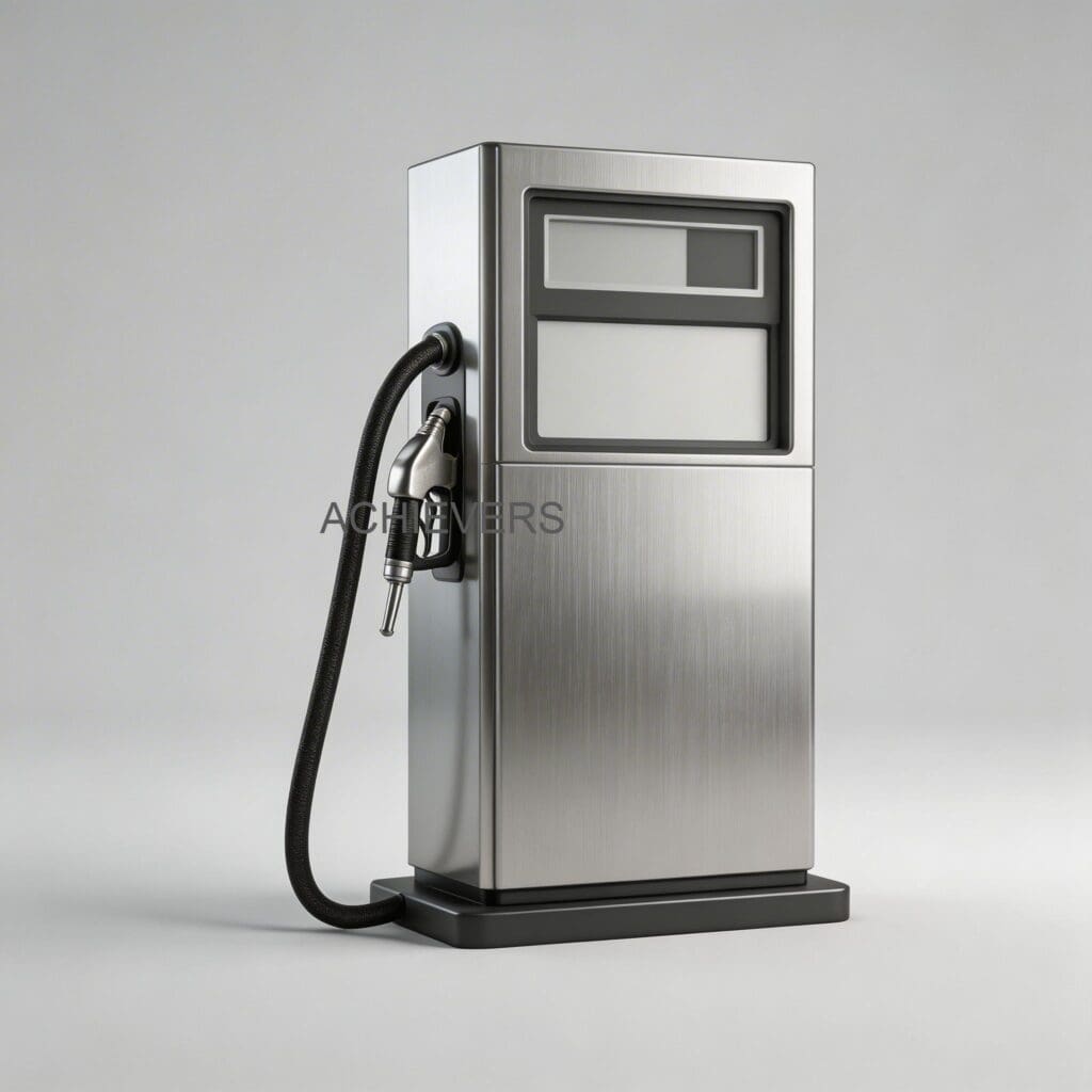 Diesel Dispenser with labeled components highlighting parts that require regular maintenance like the 4m rubber hose, 25mm inlet, and digital totalizer display