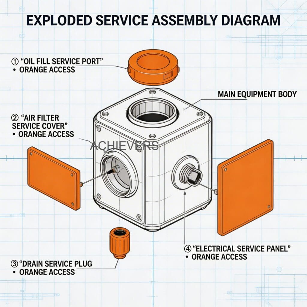 Exploded view diagram of diesel flow meter showing service access points, reusable wire mesh strainer, and electronic sensor enclosure