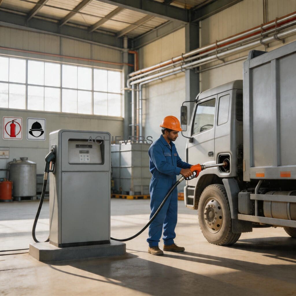 Operations manager checking the 11-digit totalizer on a Diesel Dispenser at an active Indian 3PL yard during the monsoon season