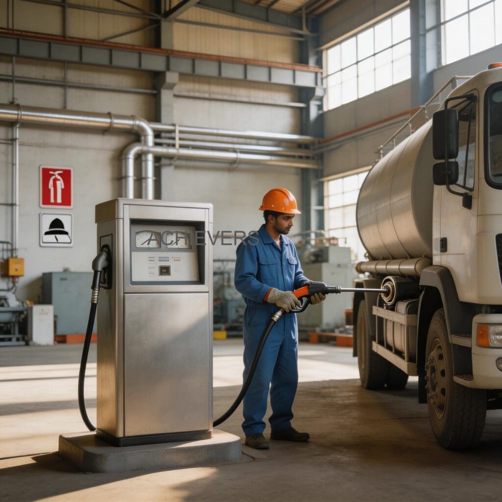 Skid-mounted Diesel Dispenser in productive use refueling an excavator at a dusty Indian mining site, demonstrating measurable financial output