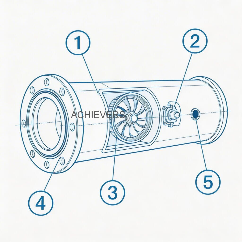 Technical schematic of the diesel flow meter internal flow path demonstrating the single moving oscillating piston and magnetic NPN sensor placement