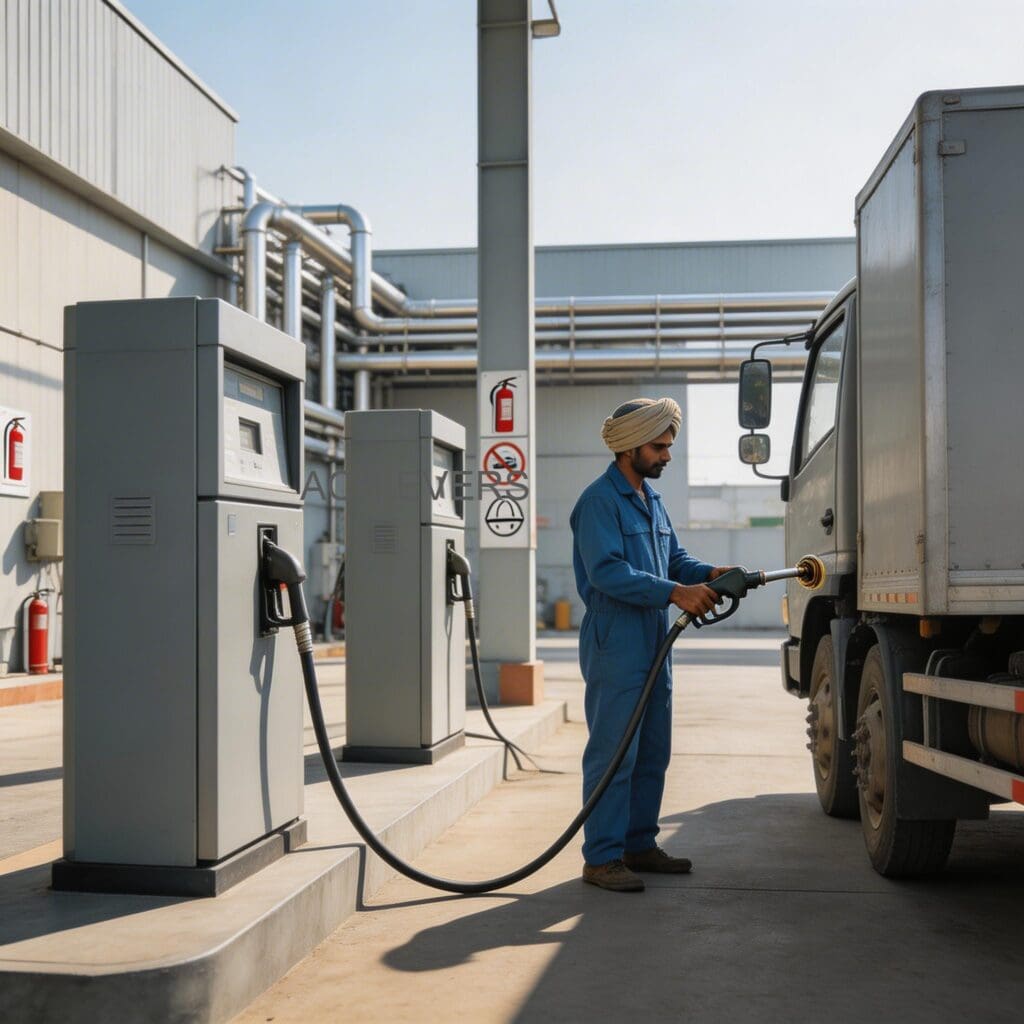 An operator using the auto-shutoff nozzle of the dispensing unit to safely fill a factory forklift, with the digital display clearly visible