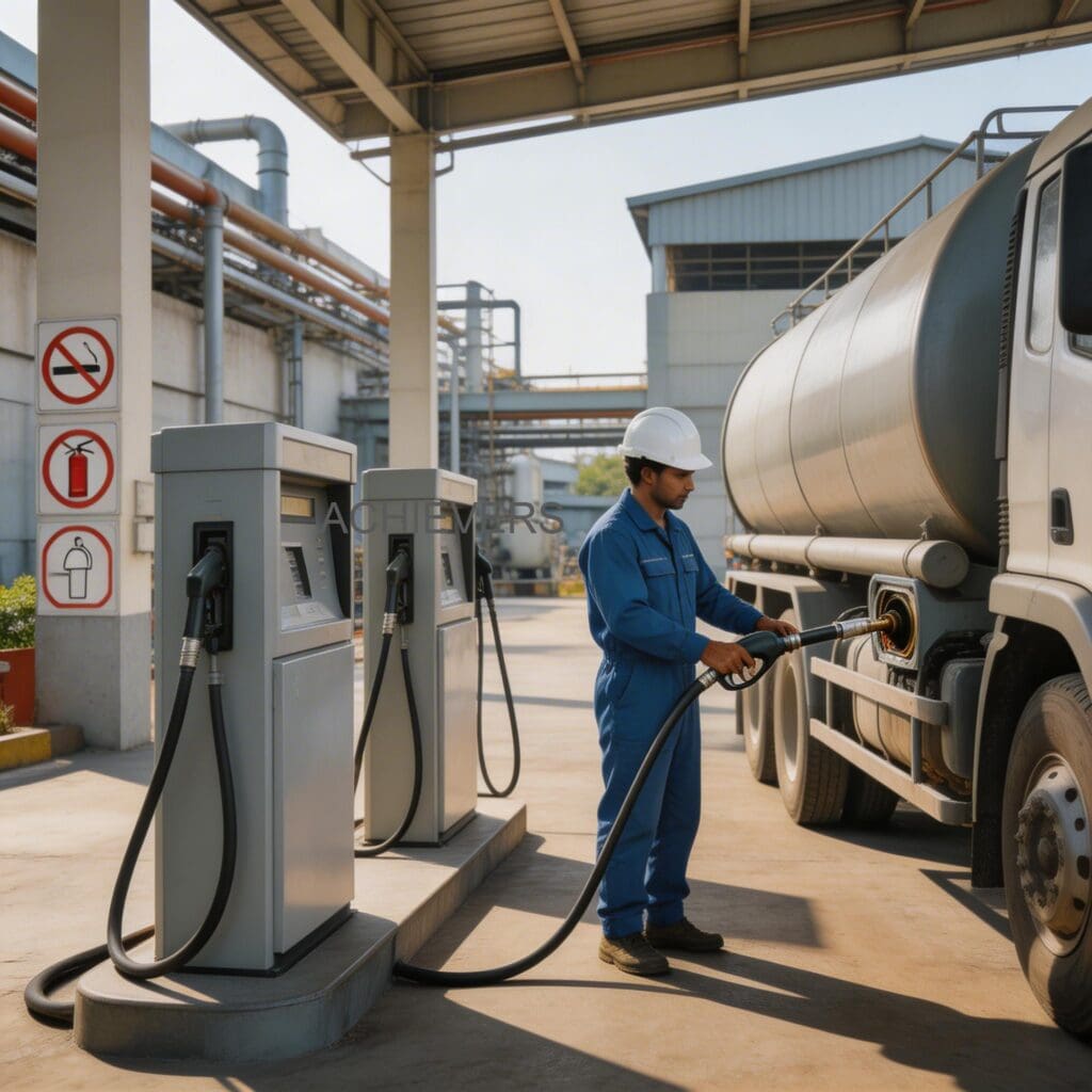 Fuel Dispensers operating productively at an Indian mining site, with maintenance team conducting routine accuracy verification checks