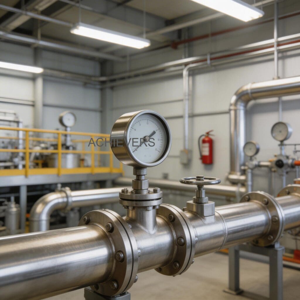 A well-maintained industrial fuel flow meter installed horizontally on a secure pipeline, complete with upstream strainer and proper isolation valves