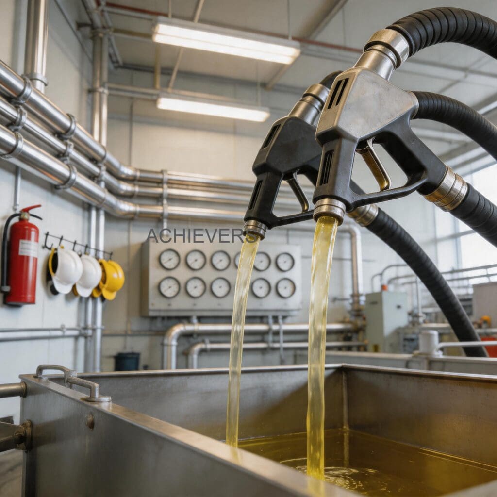 An operator efficiently refueling a commercial delivery van using an automatic nozzle with a red insulator, demonstrating the comfortable two-piece hand protector in action