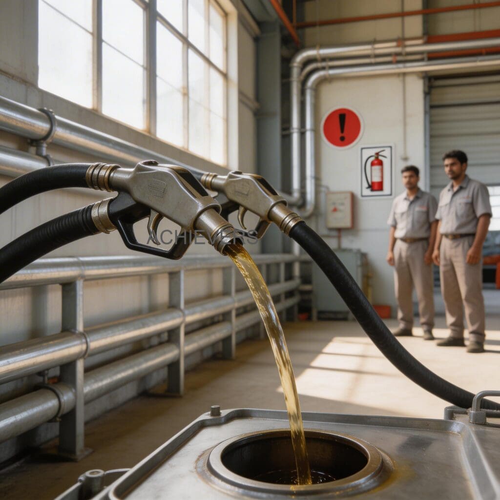 An operator at an Indian industrial site safely refueling heavy machinery using a well-maintained Fuel Nozzle, demonstrating proper hose handling and clean site conditions