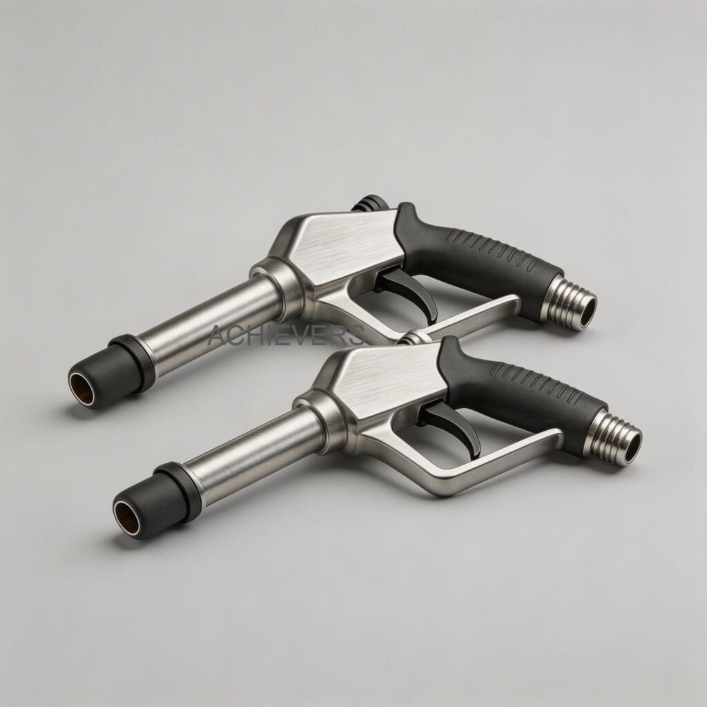 Fuel Nozzles with labeled components highlighting the stainless steel spout, vacuum sensing port, main valve assembly, hold-open clip, and Duratuff lever guard that require regular maintenance