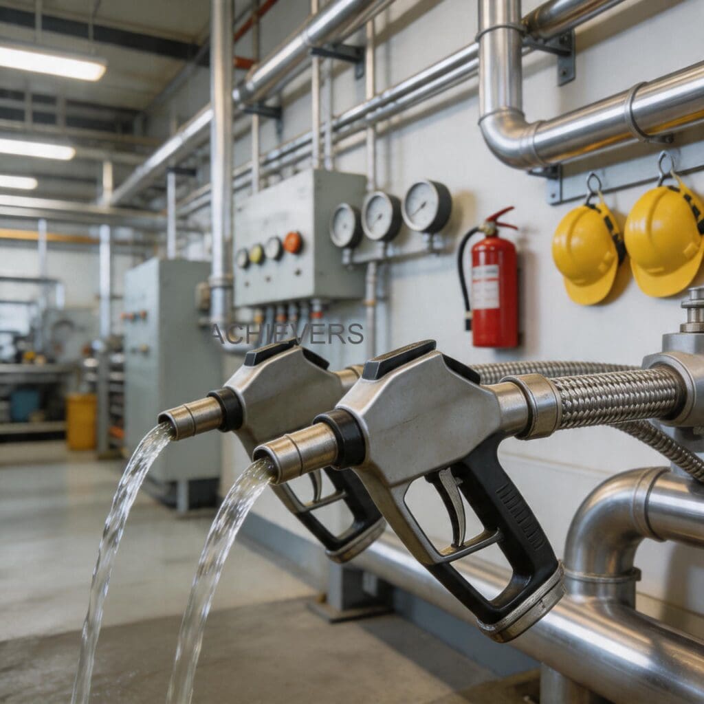 Fuel Nozzles installed and operating at an industrial facility showing correct hose, flow meter, and dispenser setup
