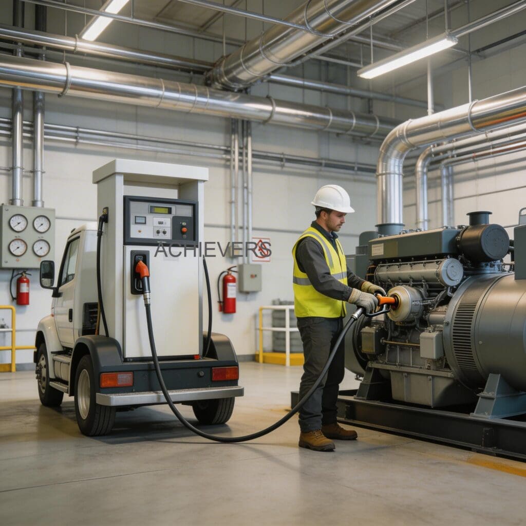 A rugged mobile diesel dispensing unit mounted securely on a mining site bowser truck, featuring clean hoses and tightly sealed meter enclosures, demonstrating proper maintenance standards