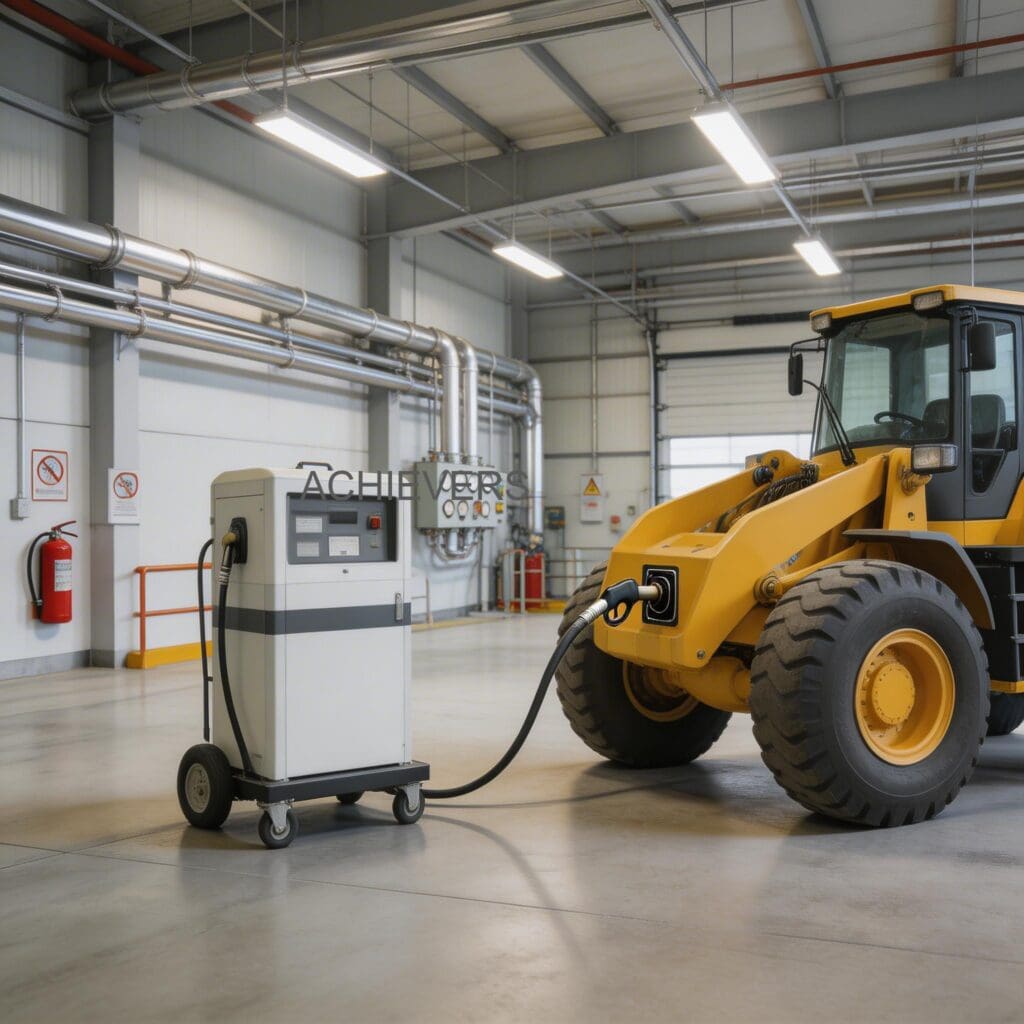 Mobile Fuel Dispenser actively operating at a high-volume construction site, refueling a heavy excavator with automated shut-off