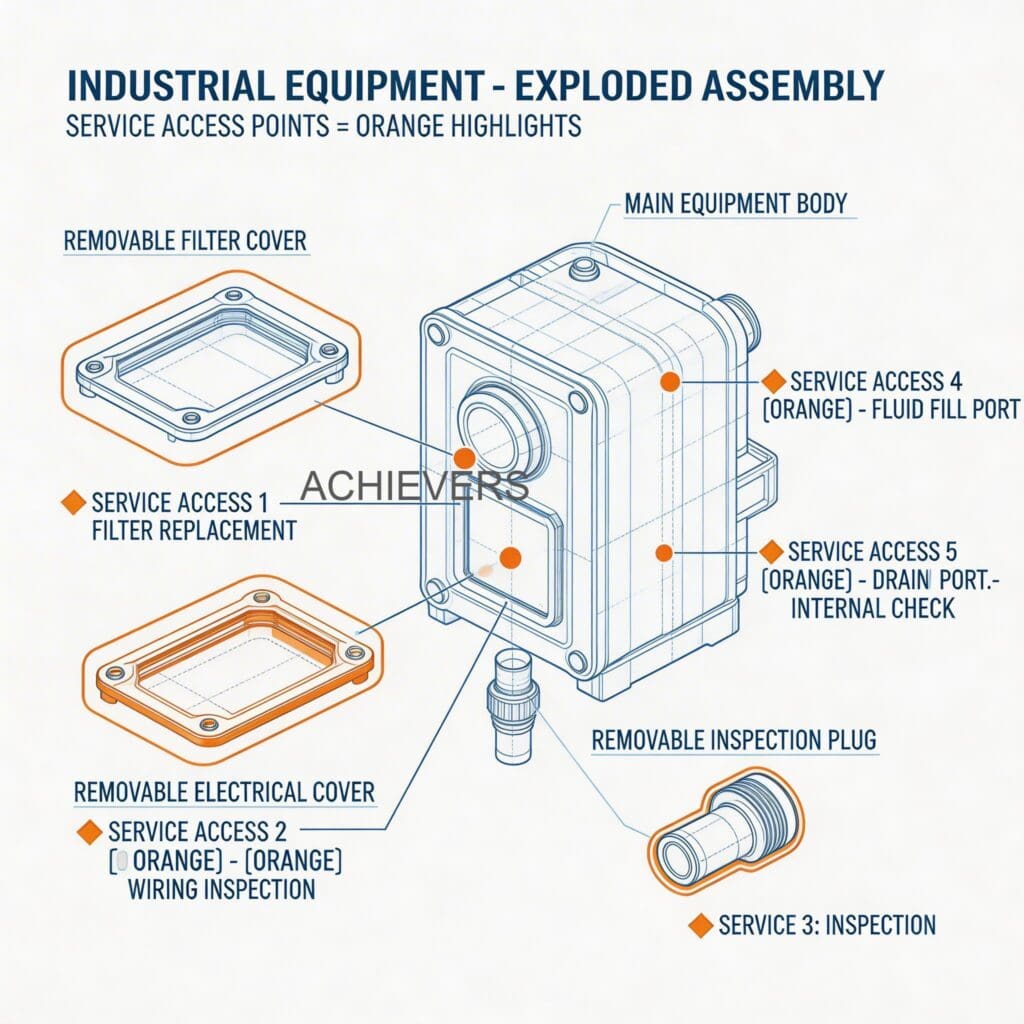 Maintenance diagram or exploded view of Mobile Fuel Dispenser showing service access points, oval-gear meter calibration ports, and replaceable strainer components