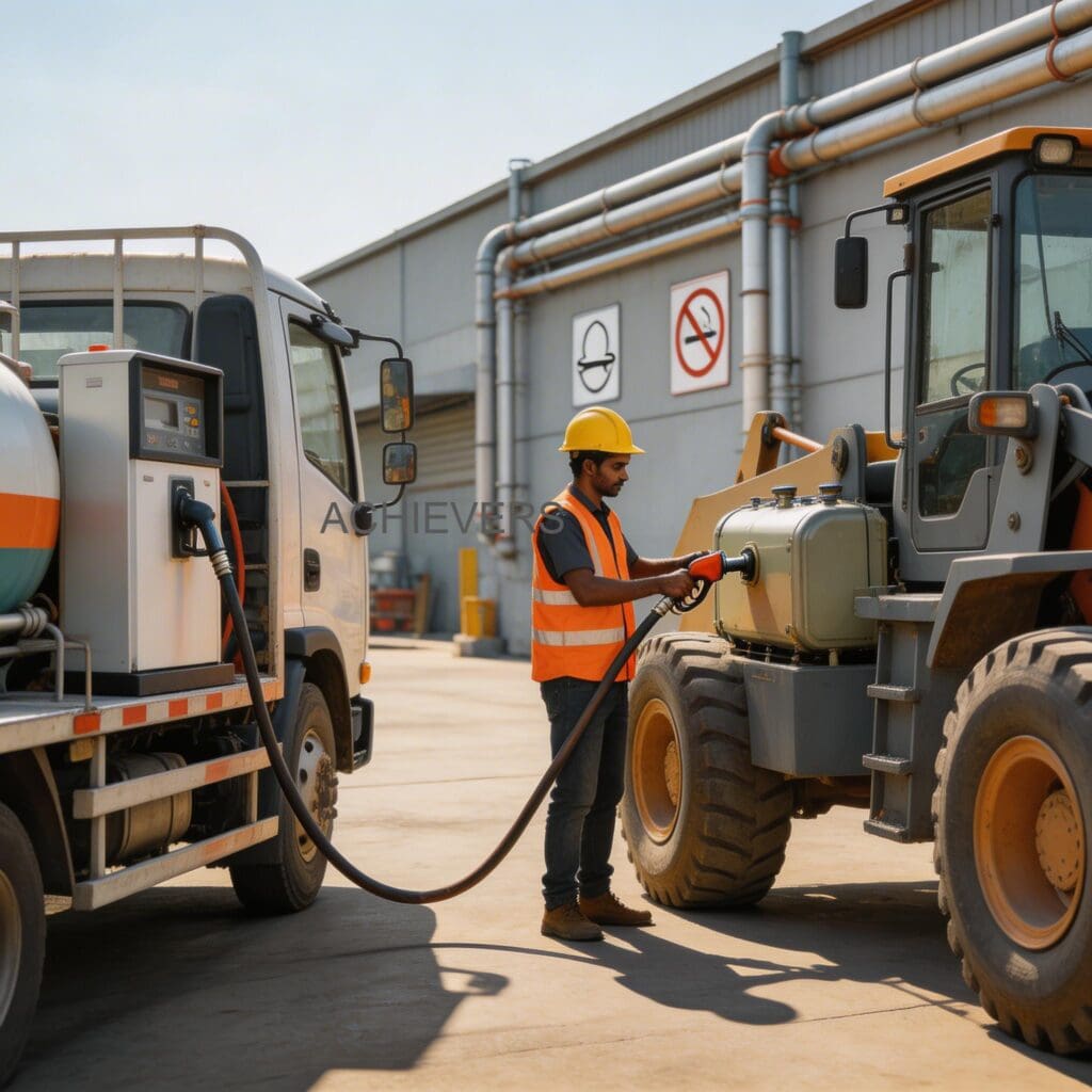 Mobile Fuel Dispenser operating productively refuelling an excavator at an Indian mining site with proper housekeeping and maintenance