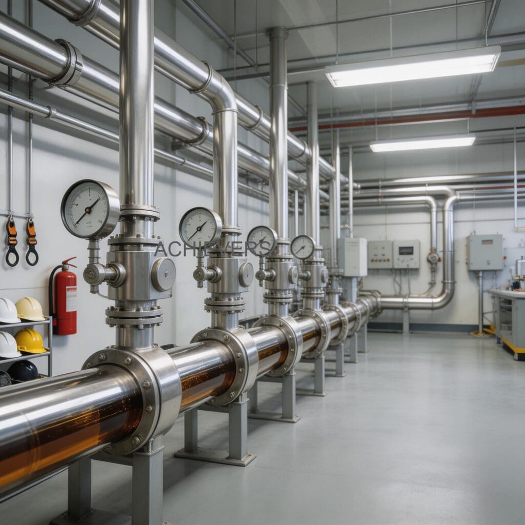 Technicians performing periodic preventive maintenance and strainer cleaning on industrial volumetric oil meters installed in an outdoor hazardous area environment