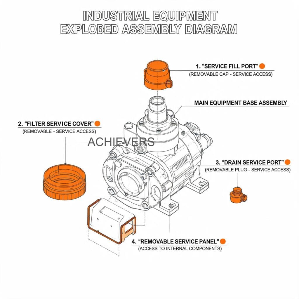 Exploded diagram of a digital fuel flow meter showing the step-by-step service access points, highlighting the pre-filter mesh, measuring chamber, and seal placements
