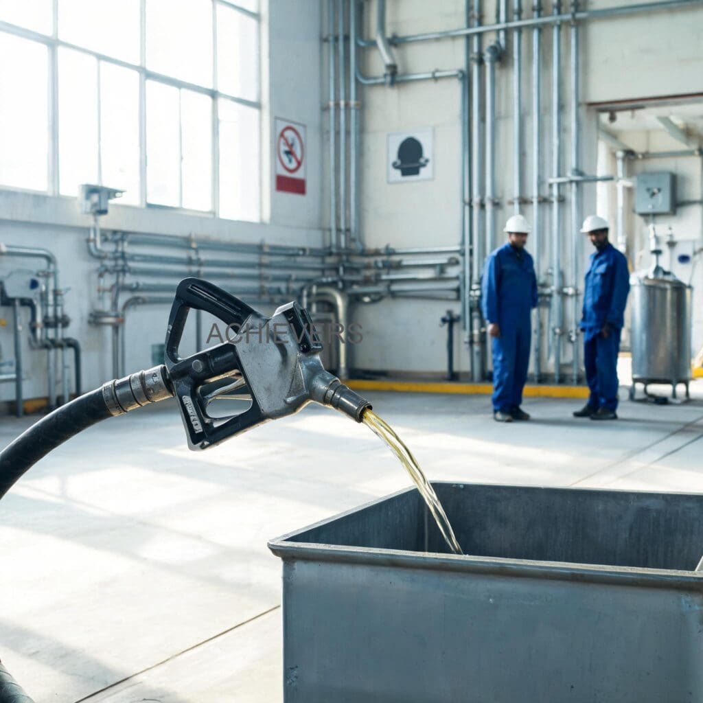 Well-maintained Fuel Nozzles installation at a clean Indian industrial site fleet refueling station, demonstrating proper hanging, hose routing, and clean spouts