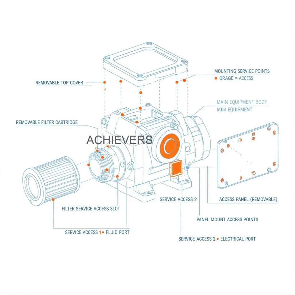 Maintenance diagram and exploded cross-section view of Liquid Batching System showing oval gear service access points, strainer locations, and replaceable solenoid seals