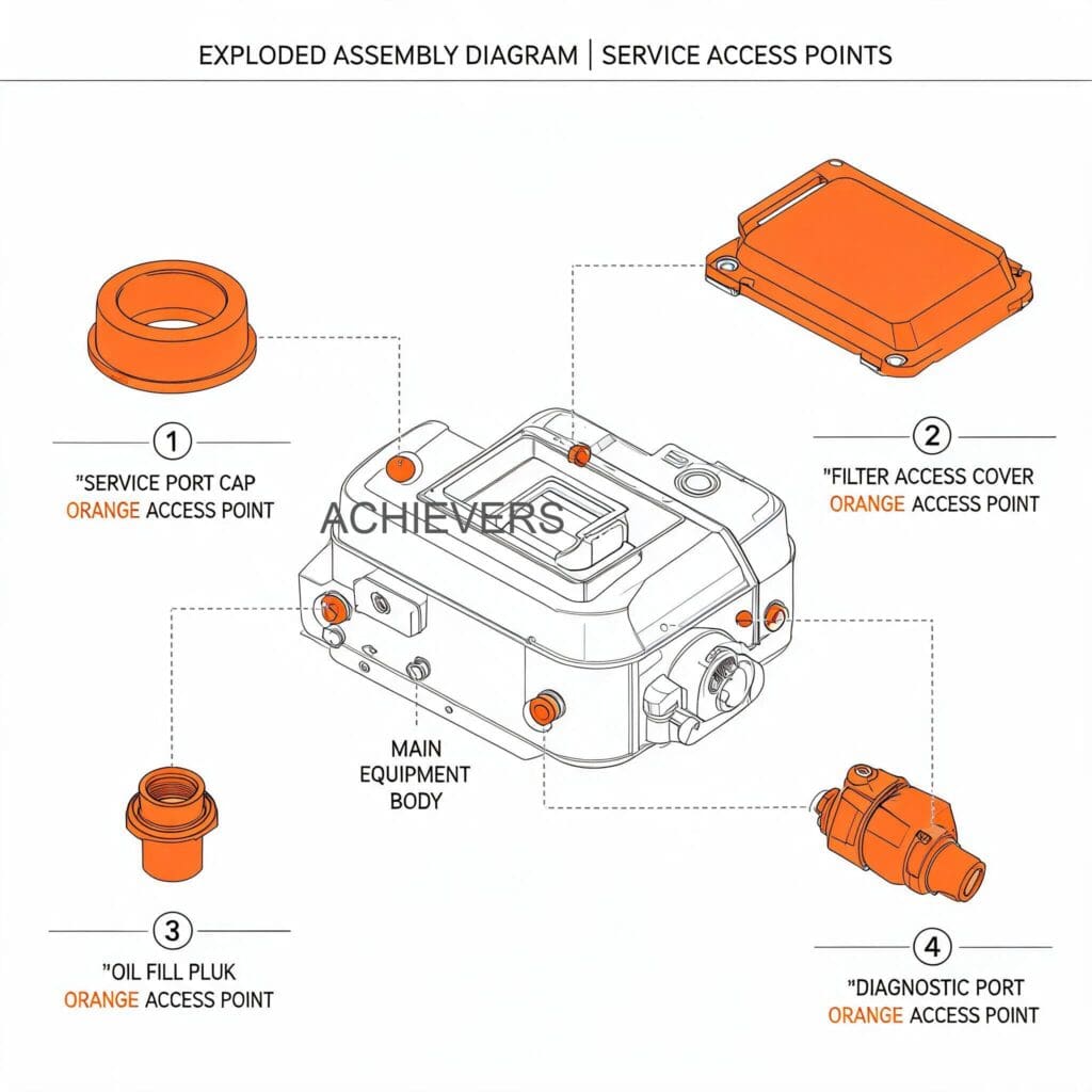 Maintenance diagram of a portable diesel dispenser showing service access points for the inline filter, meter housing, and pump seals