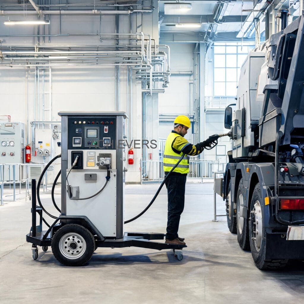 Mobile diesel dispensing unit operating productively at an off-grid mining site with proper housekeeping and heavy-duty protective housing