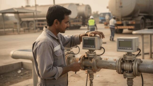 Technician comparing digital diesel flow meters installed on a pipeline at an industrial fuel transfer station