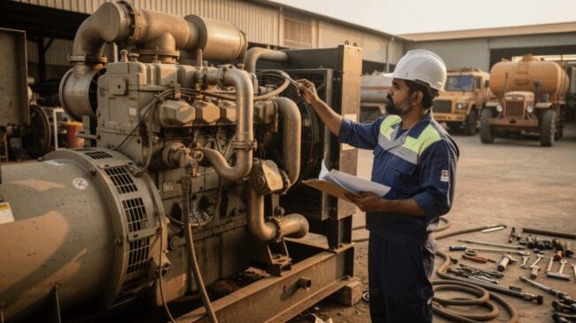 A technician checks fuel lines beside a diesel generator at an Indian industrial site.