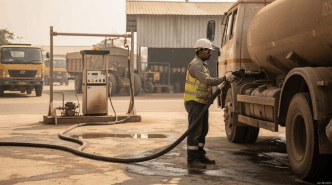An Indian technician checks a fuel nozzle at a factory yard dispenser.