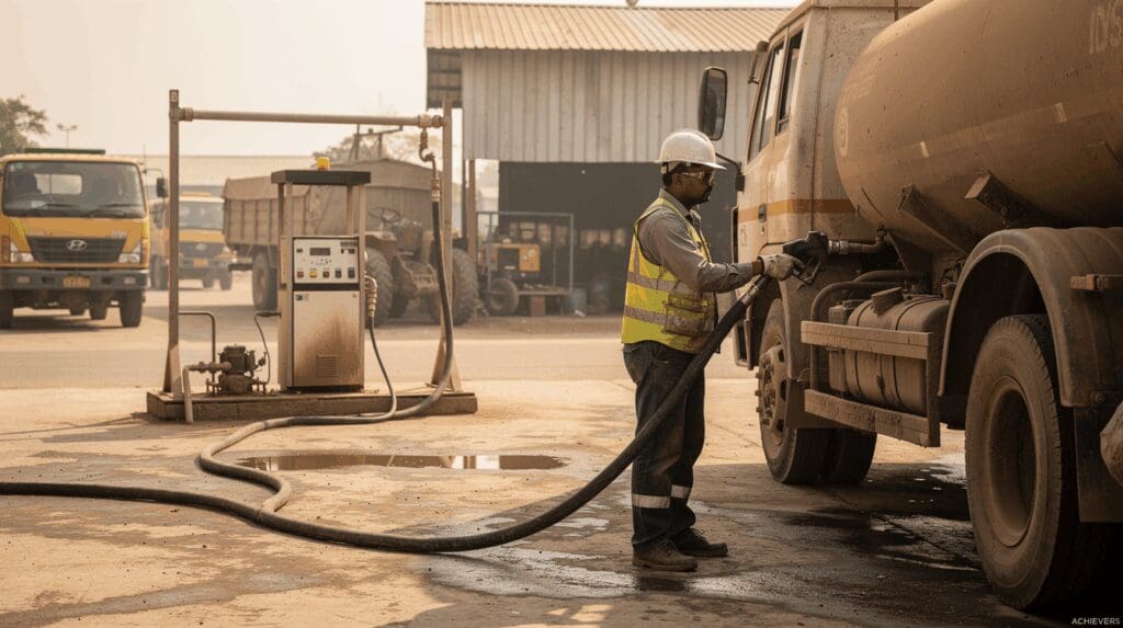 An Indian technician checks a fuel nozzle at a factory yard dispenser.